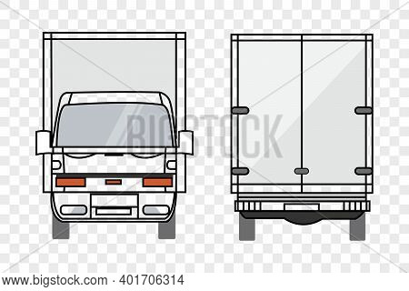 Vector Small Truck Front View Back View And Side View. Cargo Delivery. Solid And Flat Color Design. 