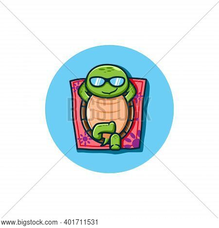 Vector Illustration. A Cute Turtle Relaxing With His Glasses On The Mat. Cartoon And Animal Characte