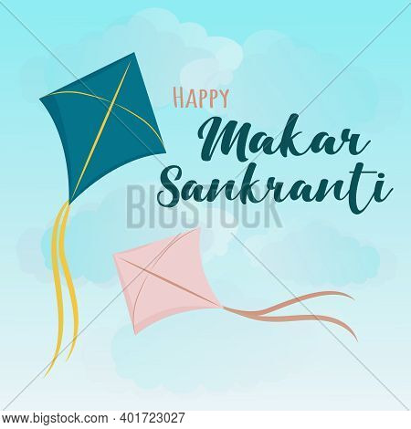 Happy Makar Sankranti Greeting Card Design With Illustration Of Bright Colorful Blue And Pink Kites 