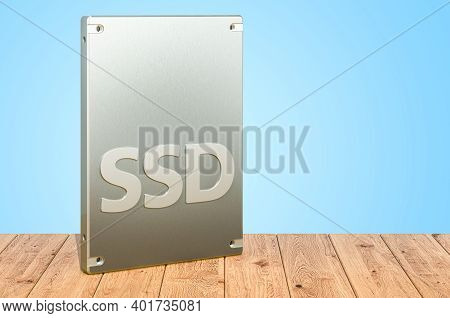 Solid State Drive Ssd On The Wooden Planks, 3d Rendering