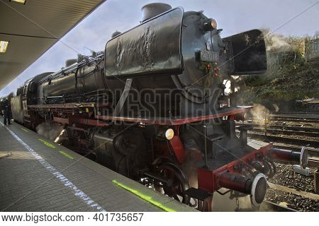 Ludwigsburg, Germany ,10 December 2016. Historical Steam Train On Station In Ludwigsburg, Germany.