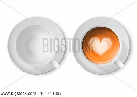 Vector 3d Realistic White Porcelain Ceramic Mug. Milk Coffee, Foam, Heart Pattern Set Isolated On Wh