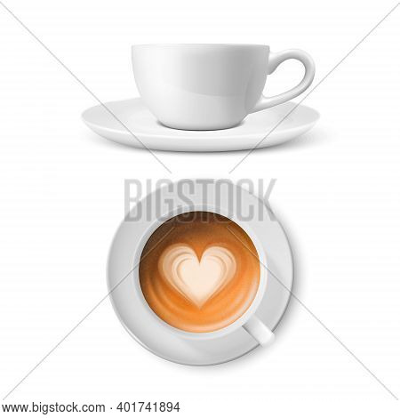 Vector 3d Realistic White Porcelain Ceramic Mug. Milk Coffee, Foam, Heart Pattern Set Isolated On Wh