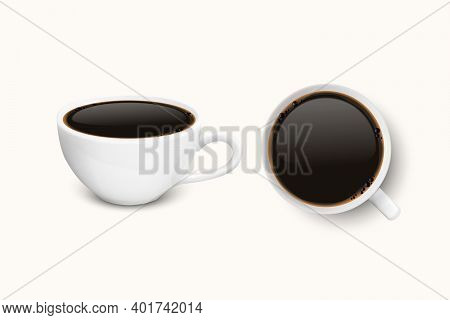 Vector 3d Realistic White Porcelain Ceramic Mug With Black Coffee Set Isolated On White Background. 