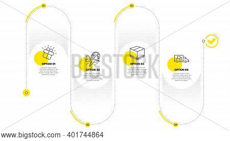 Gift, Delivery Box And International Flight Line Icons Set. Timeline Process Infograph. Truck Transp