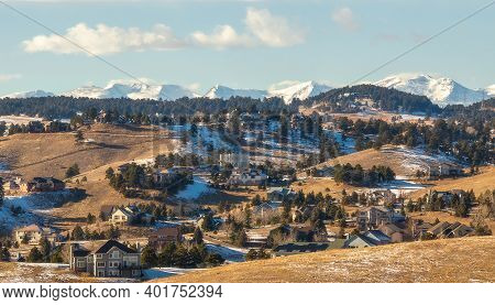 Colorado Living. Golden, Colorado - Denver Metro Area Residential Winter Panorama With The View Of A