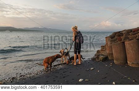 Banyuwangi, Indonesia - May 14, 2020 : A Woman Playing With The Dogs At Watudodol Beach Banyuwangi I