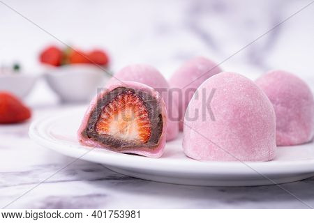 Japanese Confectionery Ichigo Daifuku, Small Round Glutinous Rice Dessert With Fresh Strawberry And 