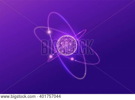 Quantum Low Poly Wireframe Icon, 3d Vector Physics Symbol, Neon Glowing Polygon Illustration, Good F