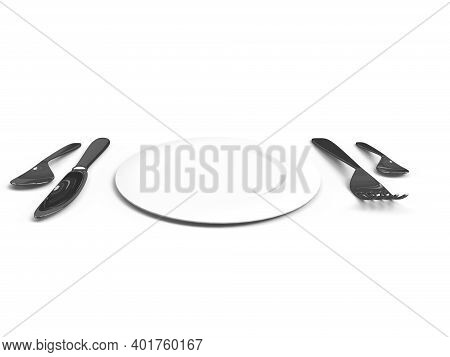 Fork Knife Spoon And Plate Placed In White Background 3d Render