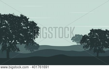 Nice View Of Trees And Mountains On The Edge Of Town In The Morning. Vector