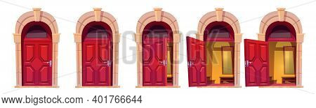 Opening Red Front Door With Stone Arch Isolated On White Background. Vector Cartoon Set Of House Ent