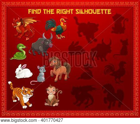 Child Find Silhouette New Year Game With Chinese Calendar Animals. Kids Educational Game, Activity W