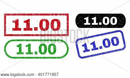 11.00 Grunge Watermarks. Flat Vector Textured Seal Stamps With 11.00 Tag Inside Different Rectangle 