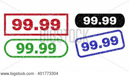 99.99 Grunge Stamps. Flat Vector Grunge Seal Stamps With 99.99 Text Inside Different Rectangle And R