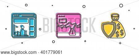 Set Website With Growth Graph, Failure Stocks Market And Shield And Money Bag Icon. Vector