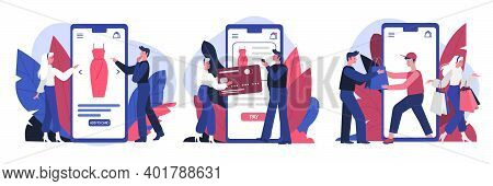 Set Of Women And Men Characters With Shopping Carts Makes An Online Purchase. Commerce And  E-shoppi
