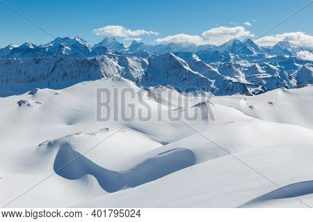 Snowy Winter Landscape With Schreckhorn, Lauteraarhorn And Finsteraarhorn Mountains