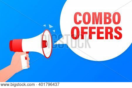 Combo Offers Megaphone Blue Banner In 3d Style. Vector Illustration.