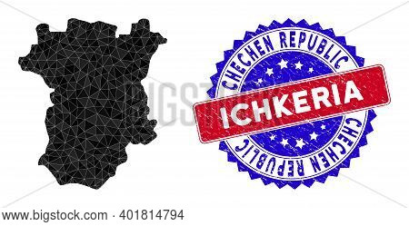 Chechnya Map Polygonal Mesh With Filled Triangles, And Unclean Bicolor Stamp Seal. Triangle Mosaic C