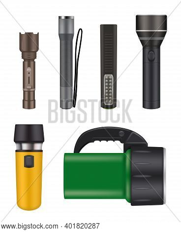 Night Flashlight. Object For Searching In Dark Electric Lamps Flashlight Security Handy Items Vector