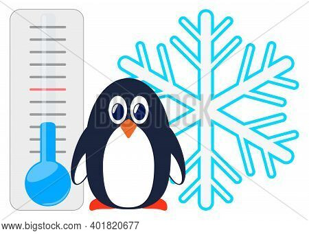 Penguin On The Background Of A Thermometer And Snowflakes.