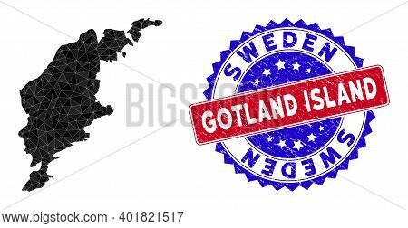 Gotland Island Map Polygonal Mesh With Filled Triangles, And Distress Bicolor Stamp Imitation. Trian