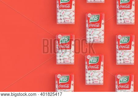 Kharkov, Ukraine - October 17, 2020: Many Tic Tac Candy Packages With Coca-cola Taste. Tic Tac Is Po