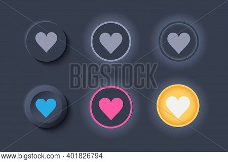 Neumorph Ui Like Buttons Dark Set. Buttons With Heart For Favorites And Likes. Workflow Graphic Elem