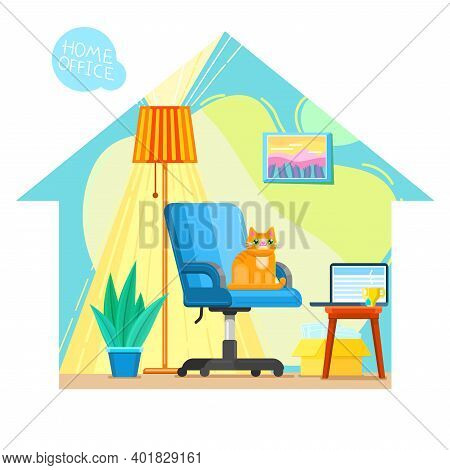 Concept Of Home Office. Interior With Blue Chair And Work Place At Home.