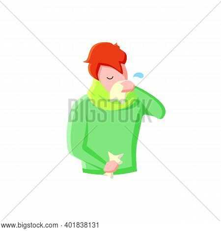 Runny Nose Flat Icon. Common Cold. Flu Infection. Covid19 Symptoms Concept. Character Blowing His No