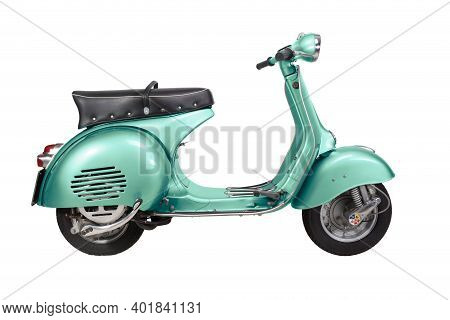 Italy - Vintage Vespa Motorcycle - 1959 - Isolated On White Background - Teal