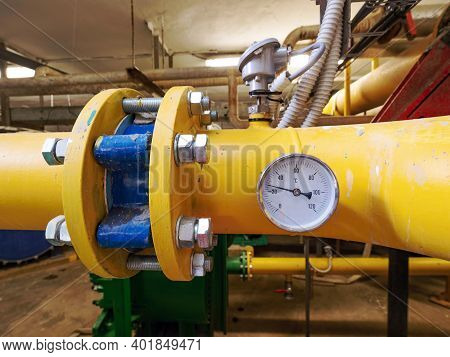 Controling Temperature Meter On Yellow Sludge Pipeline In Underground Pumping Station. Industrial Wa