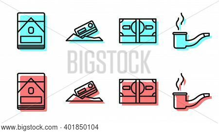 Set Line Stacks Paper Money Cash, Cigarettes Pack Box, Cocaine And Credit Card And Smoking Pipe Icon