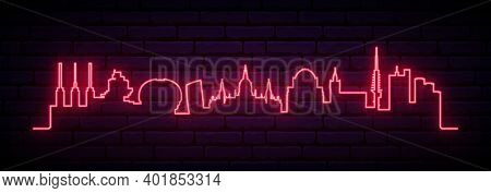 Red Neon Skyline Of Hanover. Bright Hanover City Long Banner. Vector Illustration.