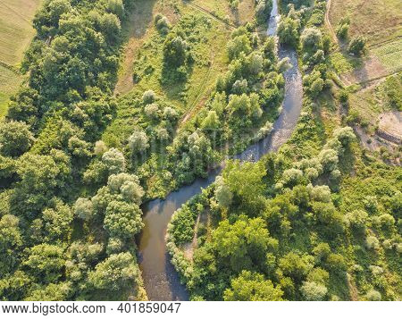 Aerial View Of Strumeshnitsa River Passing Through The Petrich Valley, Bulgaria