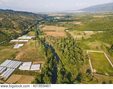 Aerial View Of Strumeshnitsa River Passing Through The Petrich Valley, Bulgaria