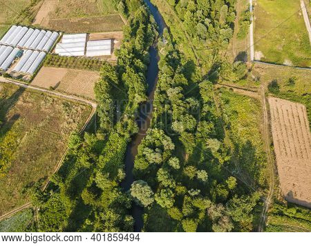 Aerial View Of Strumeshnitsa River Passing Through The Petrich Valley, Bulgaria