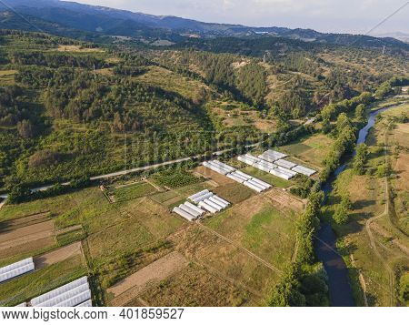 Aerial View Of Strumeshnitsa River Passing Through The Petrich Valley, Bulgaria