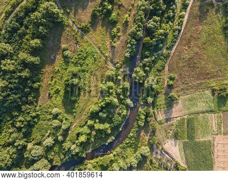 Aerial View Of Strumeshnitsa River Passing Through The Petrich Valley, Bulgaria