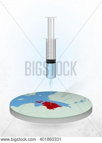 Vaccination Of Estonia, Injection Of A Syringe Into A Map Of Estonia. Vector Illustration Of A Syrin