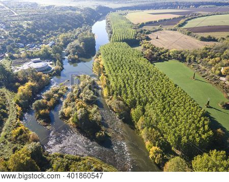 Aerial Autumn View Of Yantra River, Passing Near The Town Of Byala, Ruse Region, Bulgaria