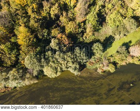 Aerial Autumn View Of Yantra River, Passing Near The Town Of Byala, Ruse Region, Bulgaria