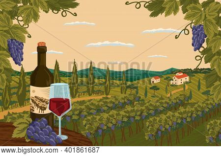 Vineyard Landscape With Grape Tree Field And Winery Farm On Background. Red Wine Bottle With Glass. 