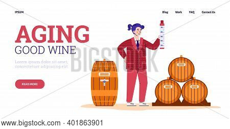 Website Banner Template For Vinery Depicting Wine Aging Process, Flat Cartoon Vector Illustration. A