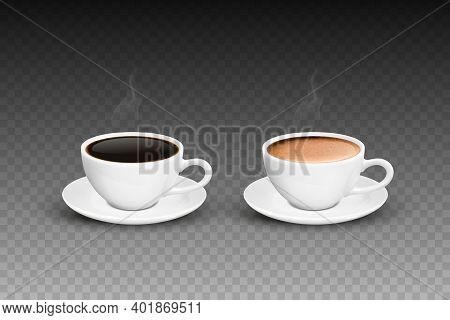 Vector 3d Realistic White Porcelain Ceramic Mug, Hot Black And Milk Coffee, Foam And Smoke Set Isola