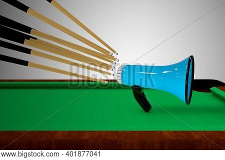 Many Cue Sticks Aiming To Hitting A Loudspeaker On A Pool Table. Cooperation Or Teamwork Or Partners