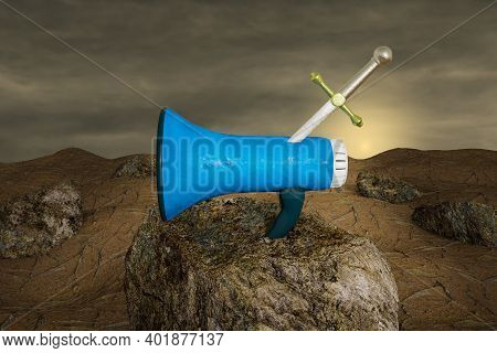 Excalibur In Loudspeaker On Stone At Sunset Day. Promote Your Campaigns Or Refer A Friend Or Promoti