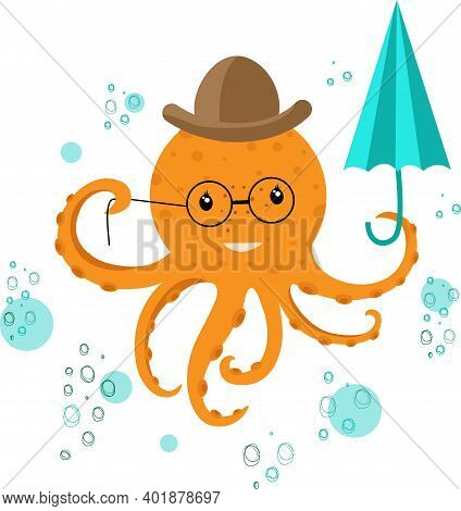 Octopus Vector Image With Glasses And Umbrella For Your Design