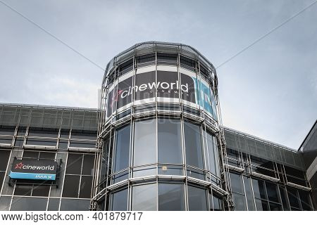 Dublin, Ireland, February 12, 2019: Facade Of Cineworld Complex In Dublin City Center On A Winter Da